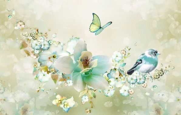Flowers, rendering, background, fantasy, collage, bird, butterfly, figure