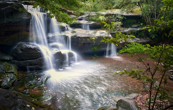 Rocks, shore, waterfall, cascade