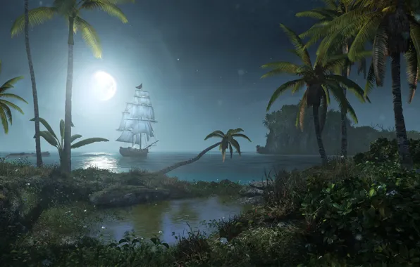 Picture night, ship, island, Black Flag, Assassin's Creed IV