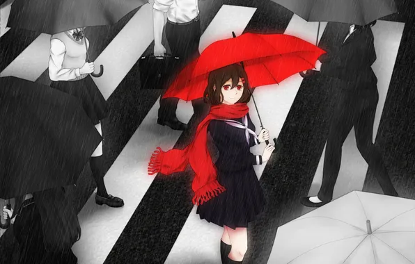 Girl, people, rain, umbrella, anime, scarf, art, form