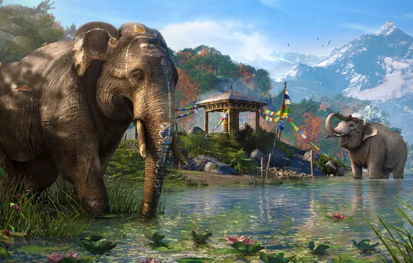 Picture mountains, lake, elephants, Far Cry 4
