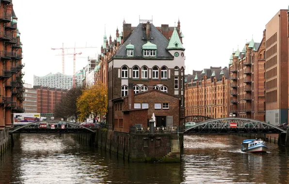 Bridge, the city, river, building, Germany, boat, Hamburg