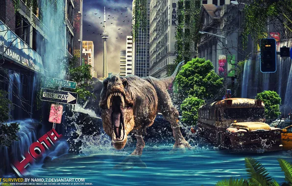 The city, fiction, dinosaur, tsunami, destruction, By Namo, The Last Survived