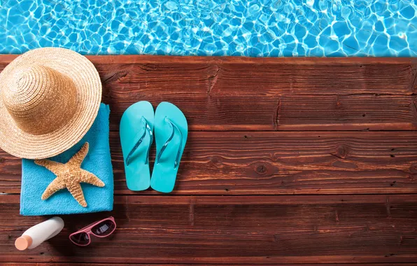 Picture water, towel, hat, glasses, starfish, cream, slates