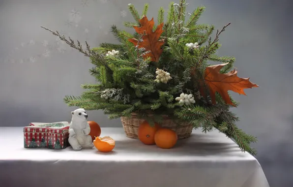 Tree, new year, Christmas, bear, still life, polar bear, figure, tangerines