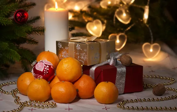 Holiday, toys, candle, spruce, gifts, box, tangerines
