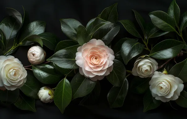 Leaves, flowers, branches, spring, pink, white, black background, buds