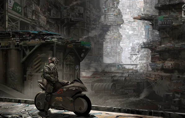 The city, fiction, robot, motorcycle, bike, cyborg, cyberpunk, slums