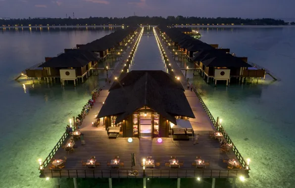 The ocean, the evening, pier, restaurant, The Maldives, resort, Maldives, Paradise Island