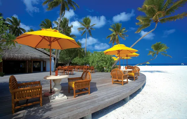 Picture sand, beach, clouds, trees, yellow, nature, house, palm trees