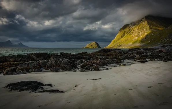 Sand, sea, beach, the sky, clouds, mountains, traces, stones