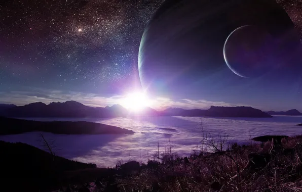 The sun, clouds, mountains, fog, star, Planet
