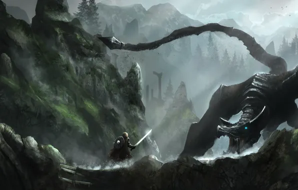 Picture forest, mountains, rocks, dragon, Skyrim