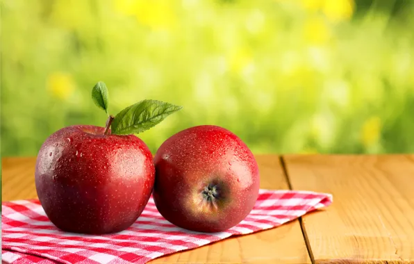 Picture greens, leaves, drops, red, table, background, apples, Board
