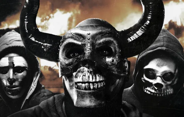 People, fiction, horns, skull, mask, Thriller, poster, horror