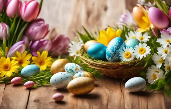 Flowers, eggs, spring, colorful, Easter, happy, flowers, spring