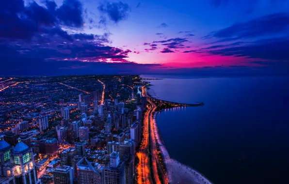 Beach, the city, the ocean, building, road, Chicago, USA, USA