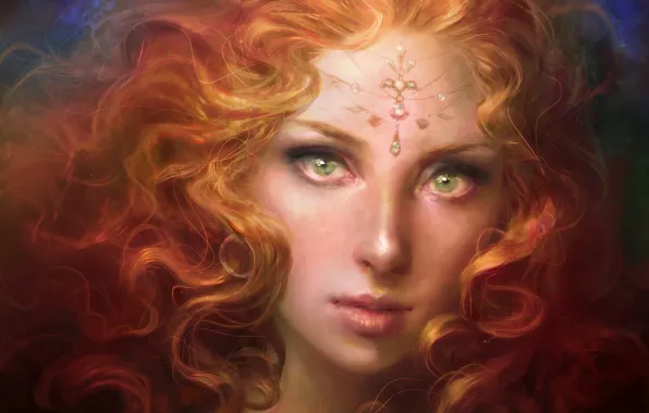 Picture look, girl, face, art, red, painting, curls