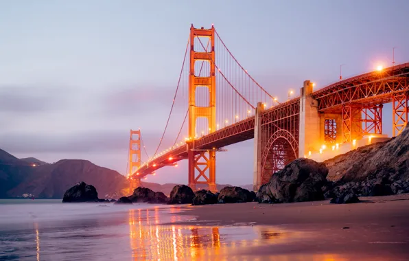 Picture city, lights, USA, beach, twilight, sea, ocean, bridge