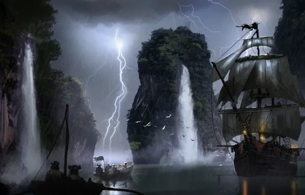 Lightning, boat, ship, waterfall, art, sails, pirates