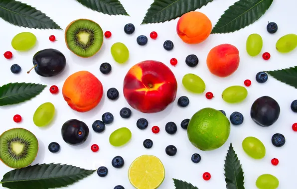 Berries, lemon, grapes, white background, fruit, peaches, plum