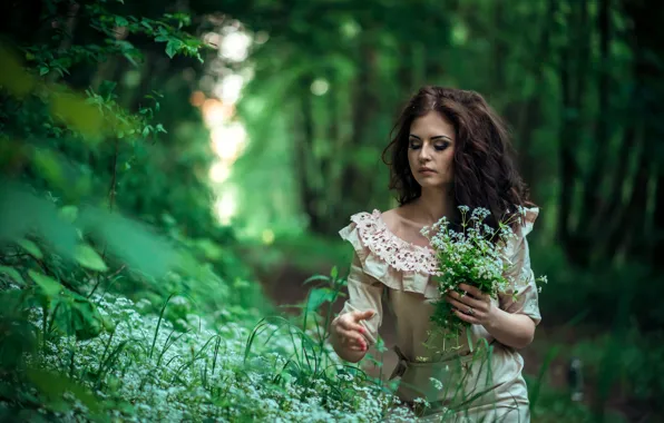 Greens, grass, girl, trees, flowers, bouquet, makeup, dress