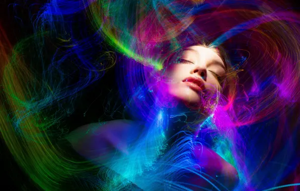 Girl, light, line, blue, abstraction, face, green, style