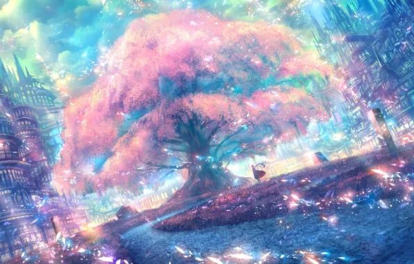 The sky, girl, the city, Sakura, fantasy, flowering