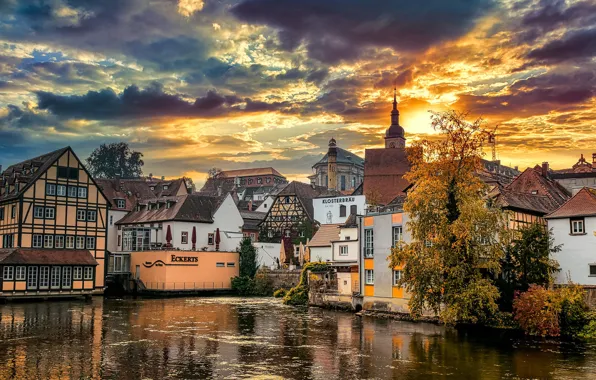 Picture water, clouds, sunset, the city, building, home, Germany, Bayern