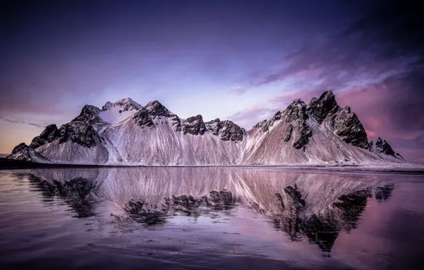 Beach, mountains, reflection, Iceland, Stones