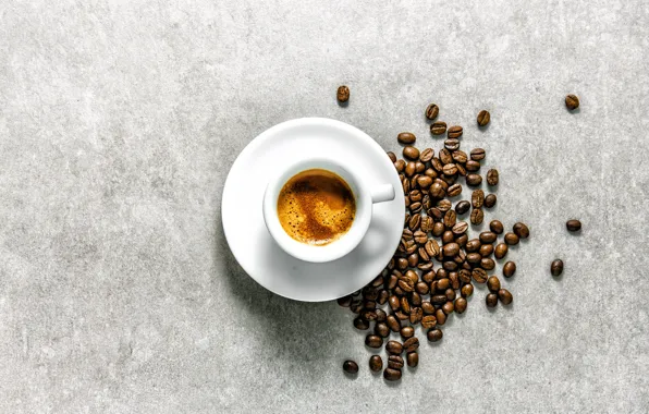 Coffee, Cup, placer, grey background, coffee beans, saucer, foam