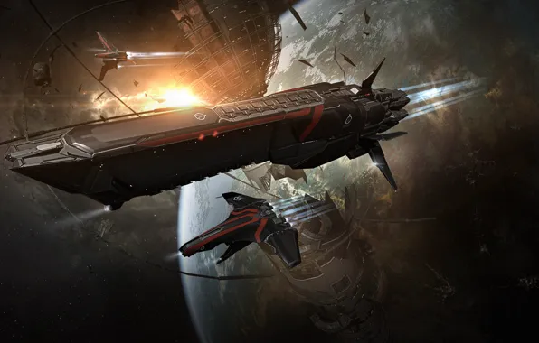 Nebula, planet, station, Space, space, ruins, battle, spaceship