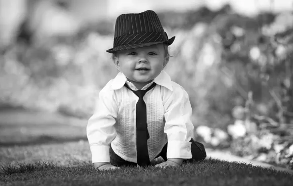 Picture hat, boy, baby, tie, shirt