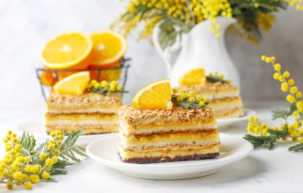 Flowers, table, bouquet, oranges, yellow, cake, pieces, cake