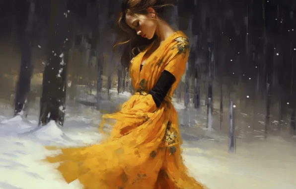 Winter, forest, girl, snow, Asian, strokes, digital painting, digital art