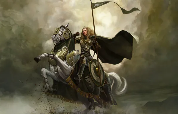 Girl, clouds, horse, rider, the Lord of the rings, art, spear, armor