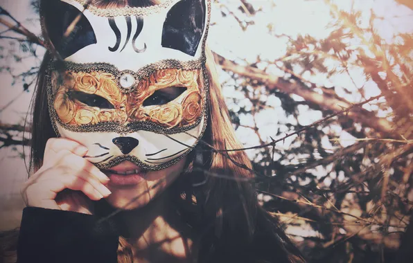 Picture cat, girl, branches, mask