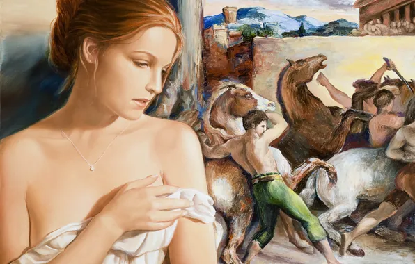 Girl, picture, art, pendant, canvas, Edson Campos, zadumchivoe