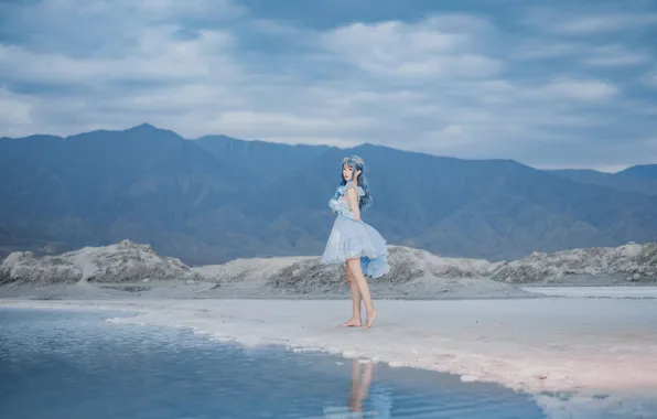 Beautiful, Asian, Model, Water, Mountain, Cloudy, Pearls, Woman