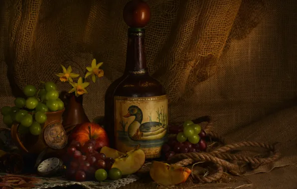 Wine, network, apples, bottle, grapes, fruit, still life, burlap