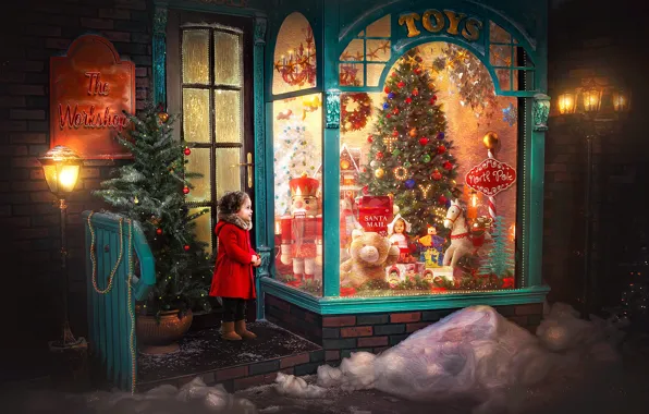 Winter, look, glass, balls, light, snow, childhood, lights