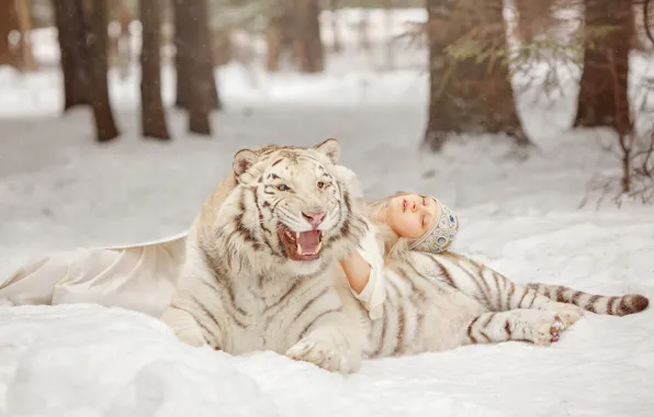 Winter, forest, white, girl, snow, trees, branches, nature