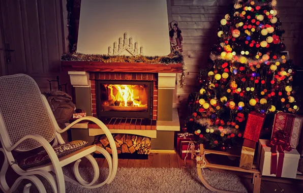 Picture New Year, Christmas, fireplace, merry christmas, interior, decoration, christmas tree, holiday celebration