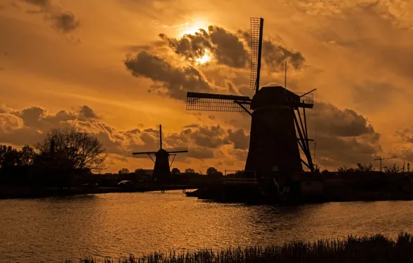 Picture the evening, channel, Netherlands, windmill, Kinderdijk