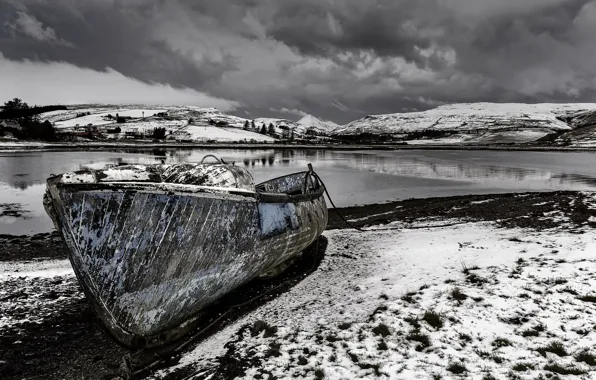 Picture winter, river, shore, boat