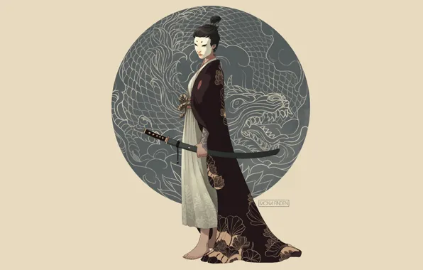 Sword, fantasy, minimalism, weapon, katana, dragon, samurai, digital art