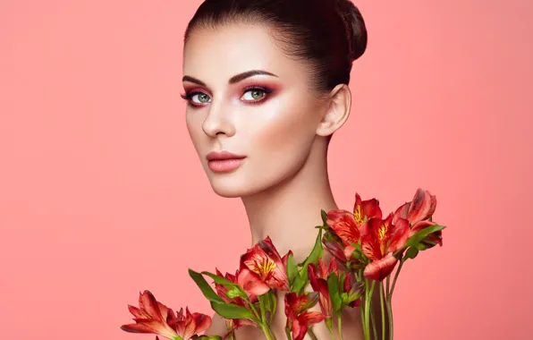Picture look, flowers, background, model, portrait, makeup, brunette, hairstyle