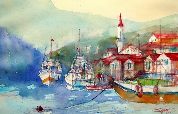 Picture the city, lake, watercolor
