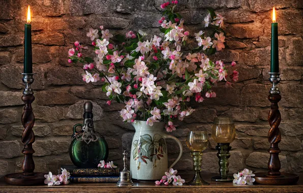 Style, books, bottle, candles, glasses, pitcher, still life, flowering