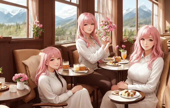 Girls, anime, cafe, pink hair